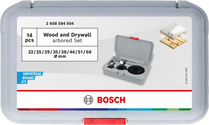 „Bosch“ medžio ir gipso kartono karūnėlių rinkinys dėkle.